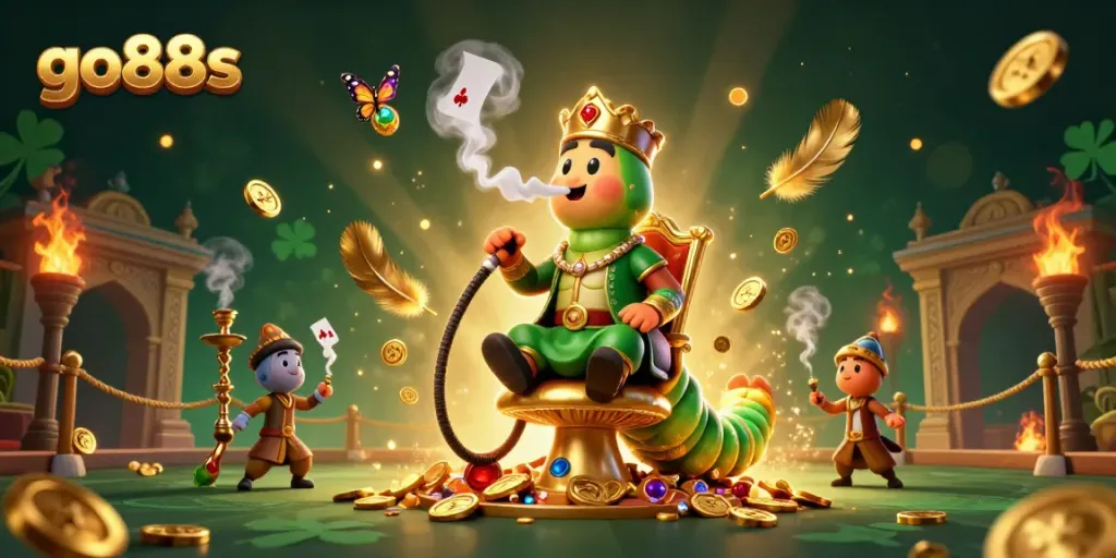 Engage in exciting gameplay at go88s with a vibrant 3D illustration of a caterpillar hookah-master in a lavish setting.
