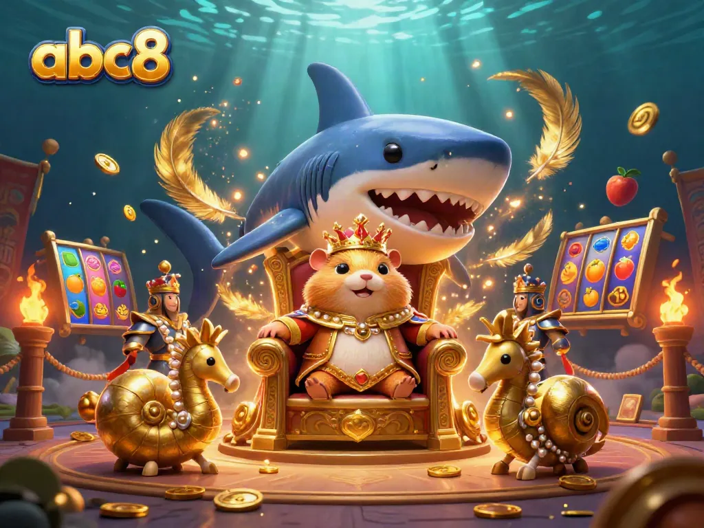 Engage with abc8's vibrant gaming scene featuring a golden hamster king on a megalodon throne, surrounded by casino elements.