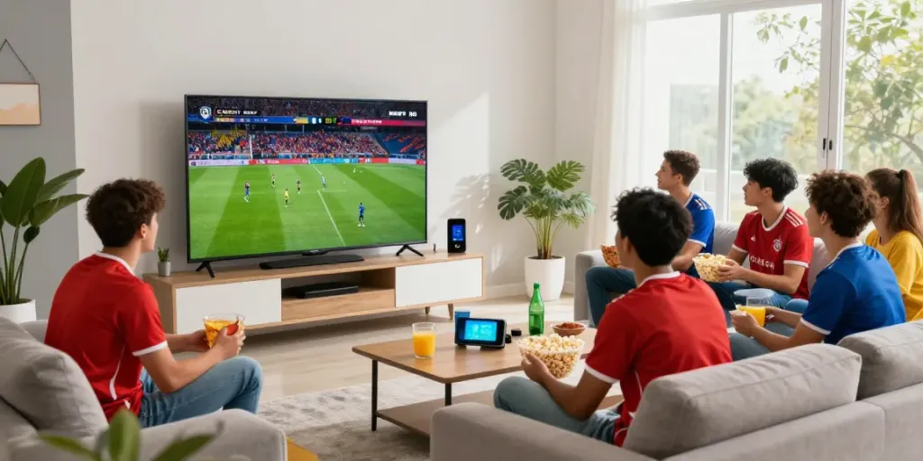 CAKHIATV HD soccer viewing with schedules and real time updates in a lively living room with friends.