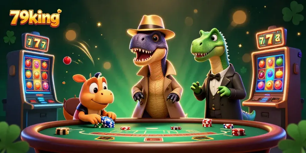 Experience 79king's thrilling casino action with dynamic slot machines and engaging characters in a vibrant scene.