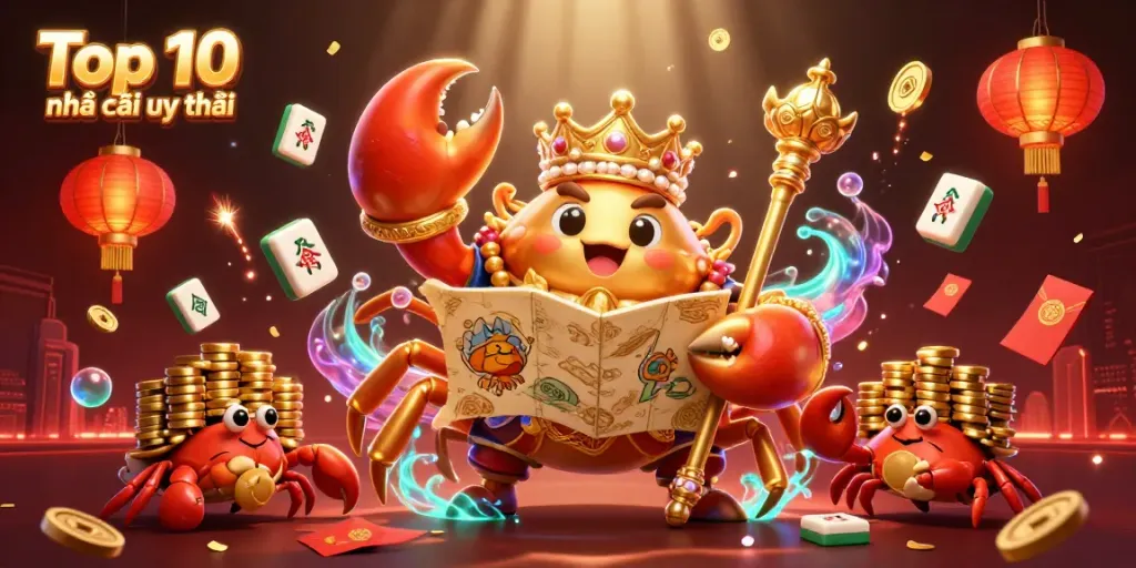 Engage with the Top 10 nhà cái uy tín featuring a regal golden crab emperor in a vibrant casino-themed scene.