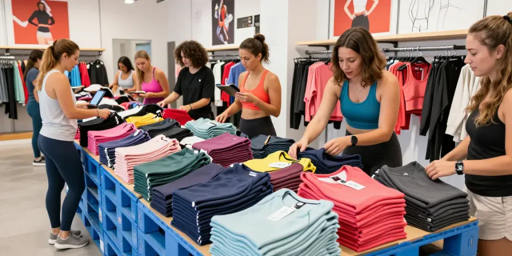 Shoppers exploring Lululemon liquidation pallets filled with quality athletic apparel in a vibrant store.