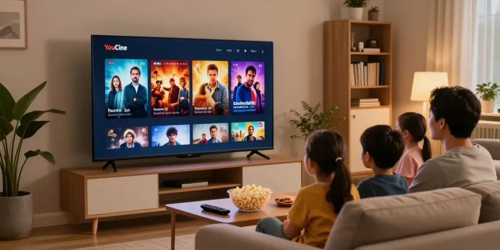 VocêCine: Família assistindo a um filme na TV, ambiente aconchegante e iluminado.