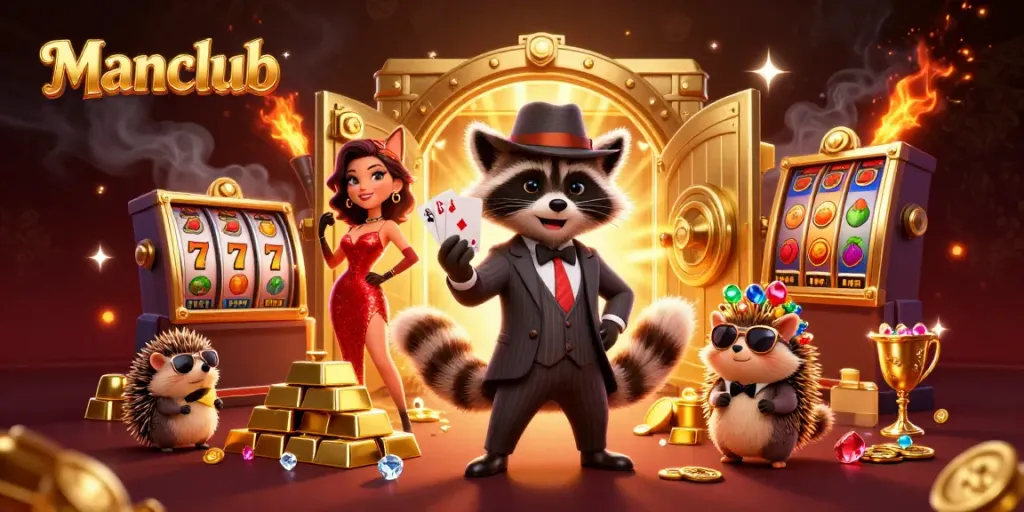 Manclub casino scene featuring a suave raccoon and fox lady winning big at the slots.