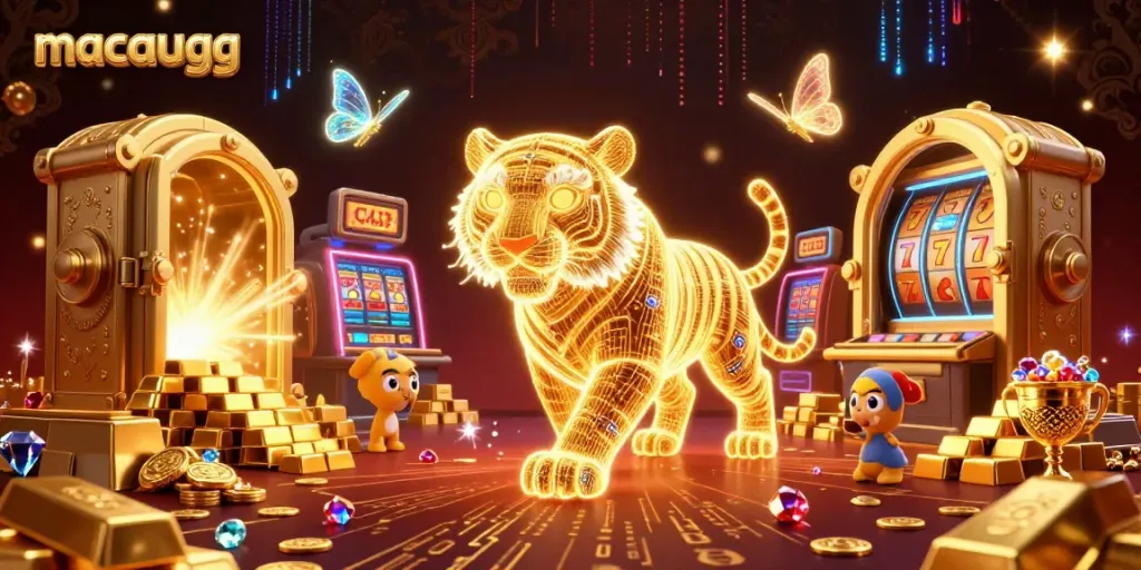 Experience winning moments with macaugg's vibrant casino scene featuring a neon tiger and treasure.