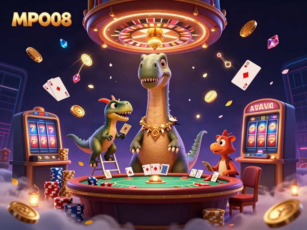 MPO08 showcases a vibrant casino scene with a towering brontosaurus observing a poker table beneath, filled with dynamic game elements.