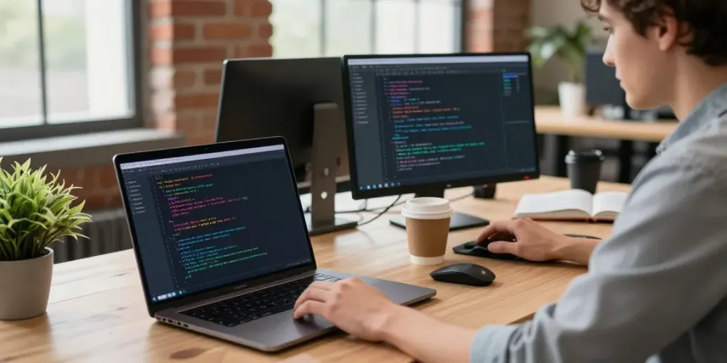 Developer coding on laptop in a modern workspace with dual monitors displaying apk-related code.