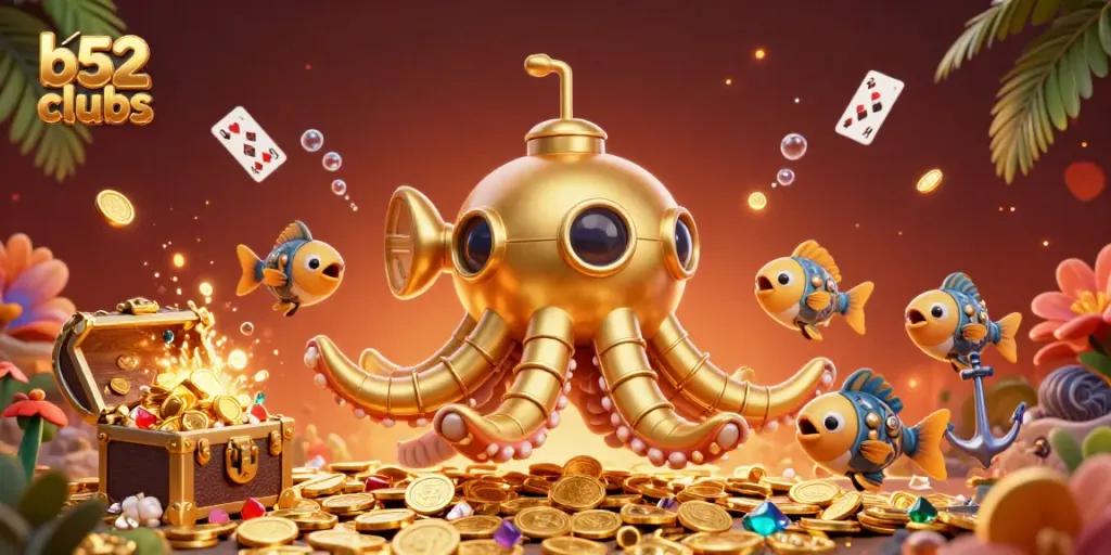 Experience the thrill of b52clubs as the golden kraken submarine rises amidst a treasure-filled underwater scene.