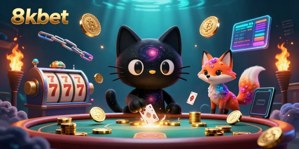 Join the cosmic fun at 8xbet casino with a black hole cat and nebula fox at the gaming table!