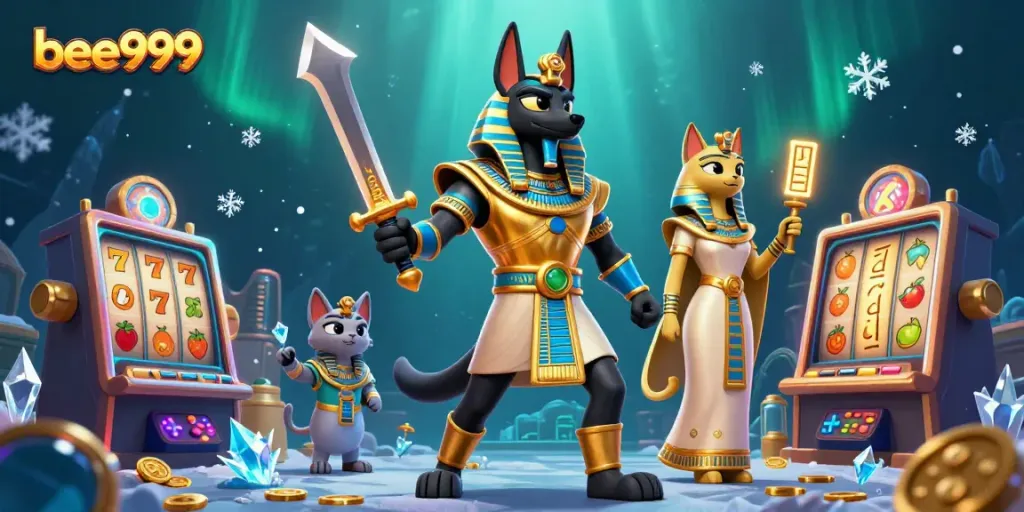 Engage with the thrilling scenes of bee999 featuring Anubis in a colorful casino world filled with slot machines and vibrant gaming elements.