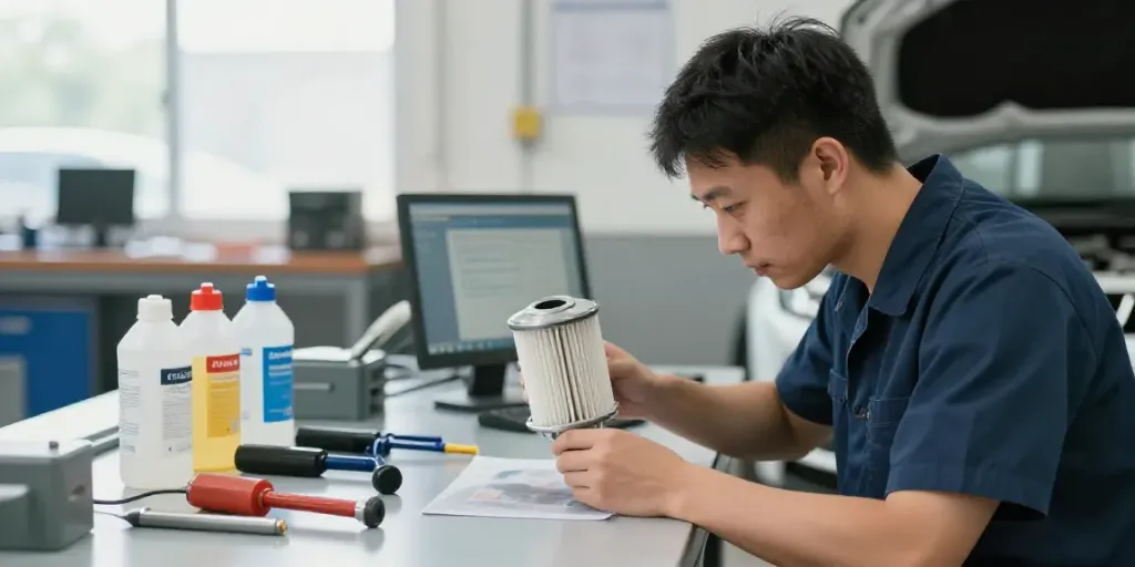 Technician performing dpf reinigen on a diesel particulate filter in an automotive workshop.