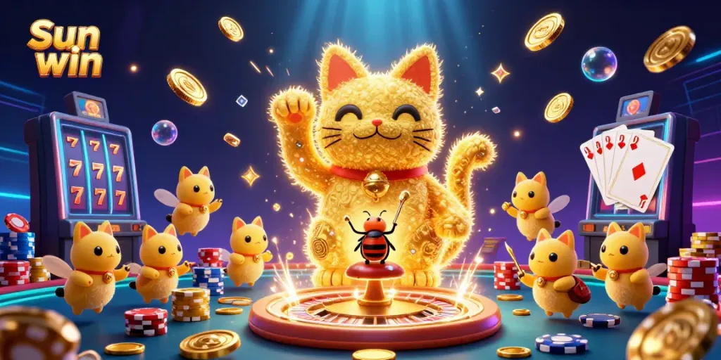 Win big with Sun win in this vibrant 3D casino illustration featuring lucky symbols and gold.
