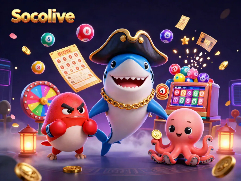 Engage with Socolive's dynamic gaming environment featuring animated characters and lively gambling elements.