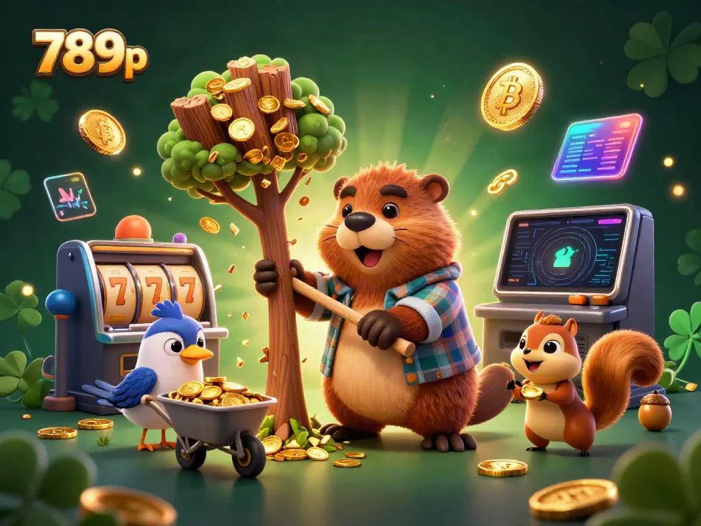 Play and win big at 789p, as the beaver collects golden coins from a jackpot tree, surrounded by casino fun.