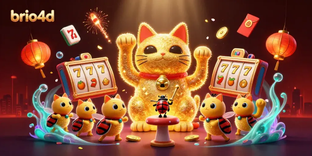 Experience the excitement of brio4d through vibrant casino symbols created by animated fireflies in a magical illustration.
