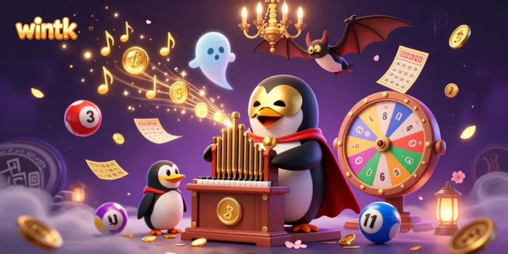 Experience the excitement of Wintk with a cartoon penguin, golden coins, and vibrant lottery elements in this dynamic casino scene.