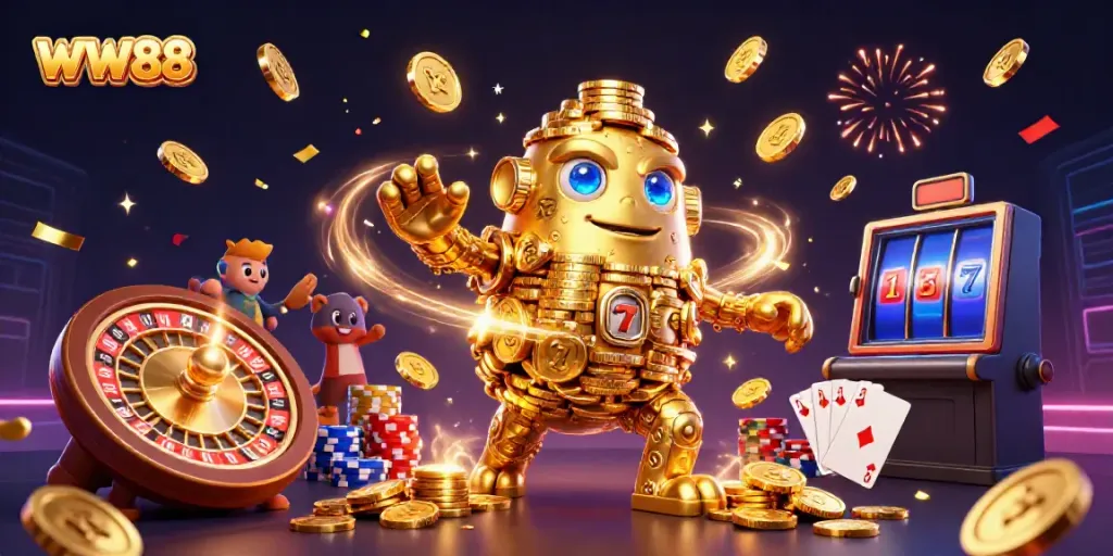 WW88 offers thrilling casino gameplay with an engaging 3D golden golem and vibrant scene.