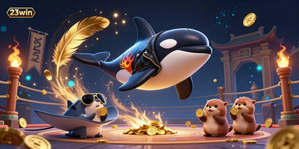 Experience thrilling wins with 23win while playful otters hold gold coins in this vibrant casino scene.