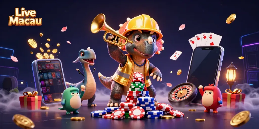 Cheering dinosaurs celebrate while building a poker chip pyramid in the vibrant Live Macau casino scene.