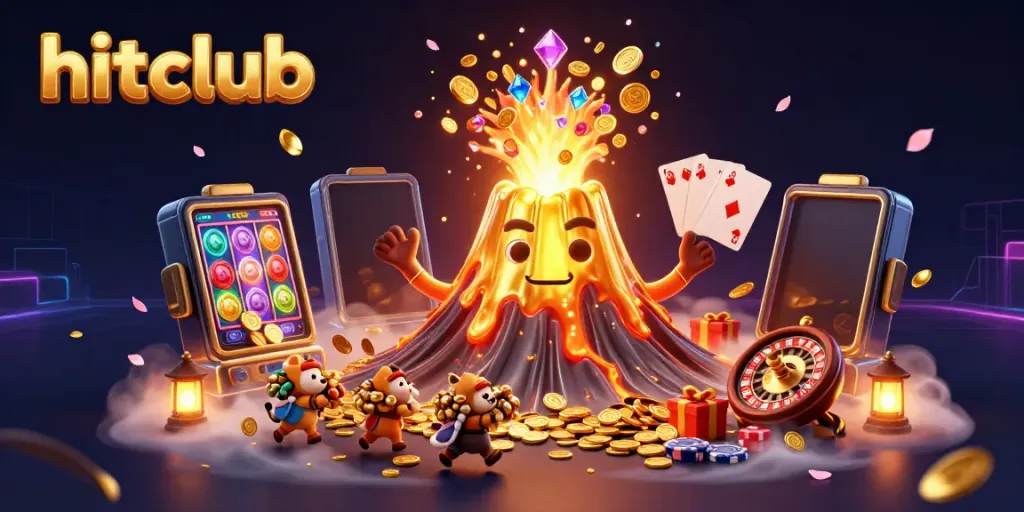 Hitclub casino scene with a golden volcano erupting coins, showcasing thrilling gaming features and vibrant atmosphere.