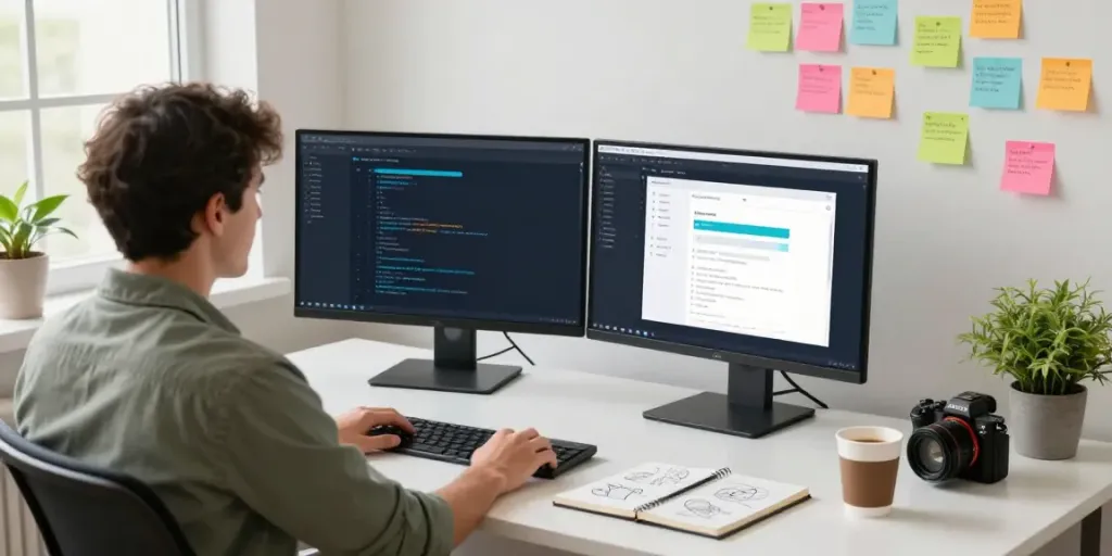 Developer using Acknosoft workspace for Android app coding with dual monitors and design tools.