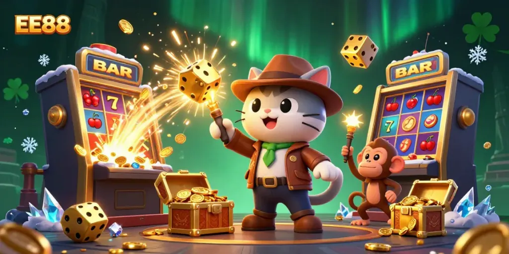 Engage with thrilling EE88 casino adventures amid explosions of coins and vibrant gaming action.