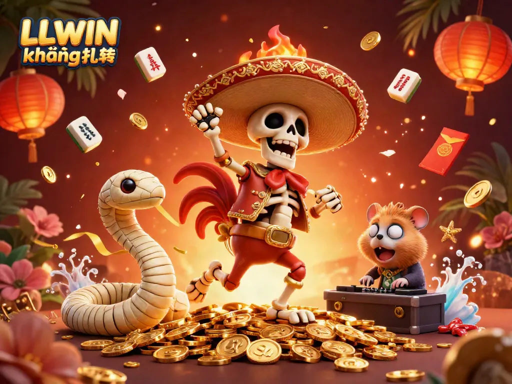 Experience LLWIN không chặn with a vibrant 3D scene featuring animated characters celebrating around golden casino elements.