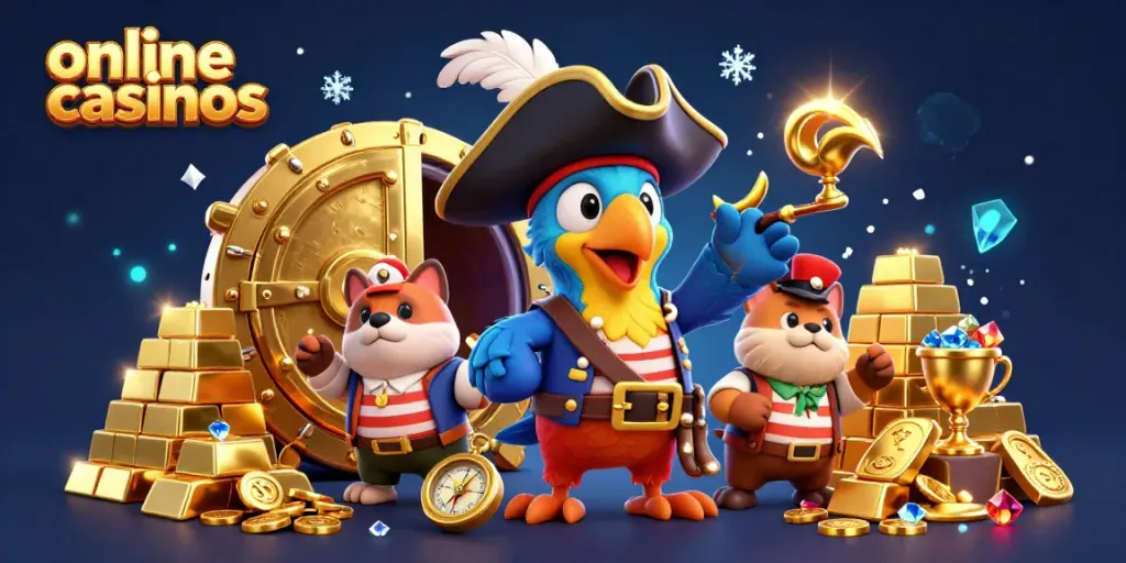 Engage with thrilling online casinos featuring a pirate captain and friends surrounded by treasure and gems.