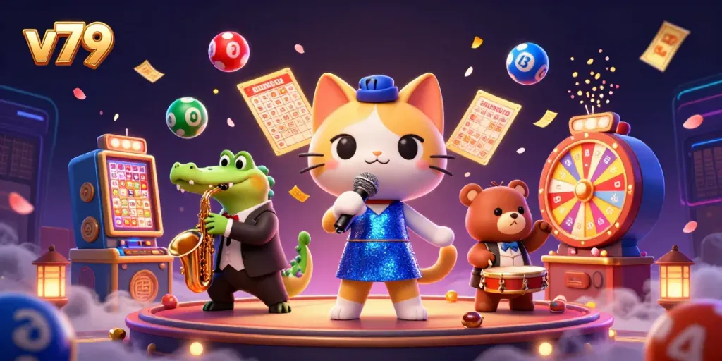 Engage with exciting games at v79 featuring vibrant lottery elements and animated casino characters.