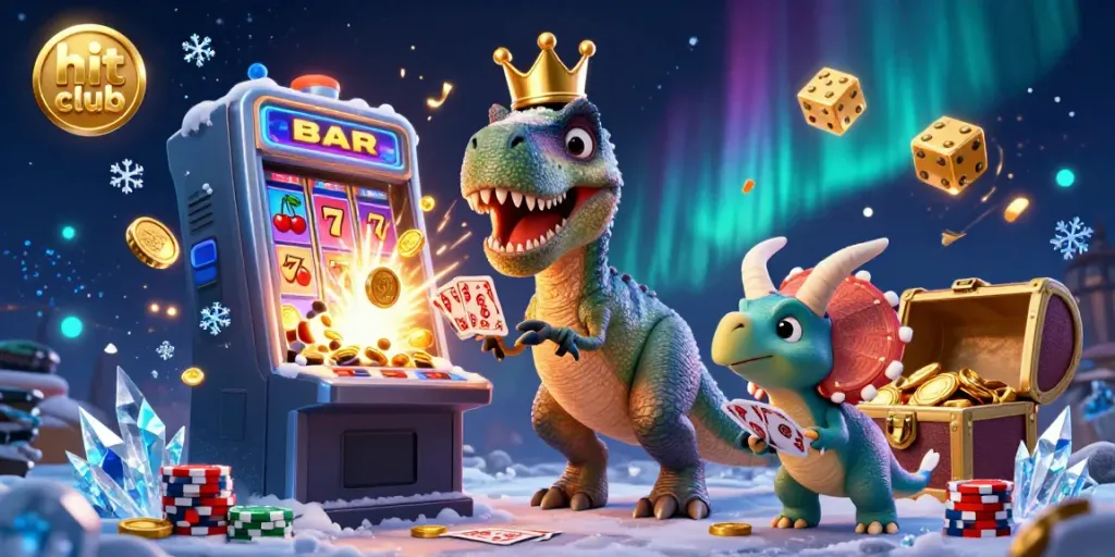 Experience the thrill of the hit club as a T-Rex shuffles cards while a triceratops stacks chips amidst a jackpot explosion.