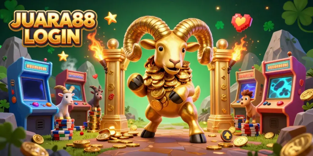 Engage in JUARA88 LOGIN with a lively scene of gaming and casino elements featuring a golden ram and arcade machines.
