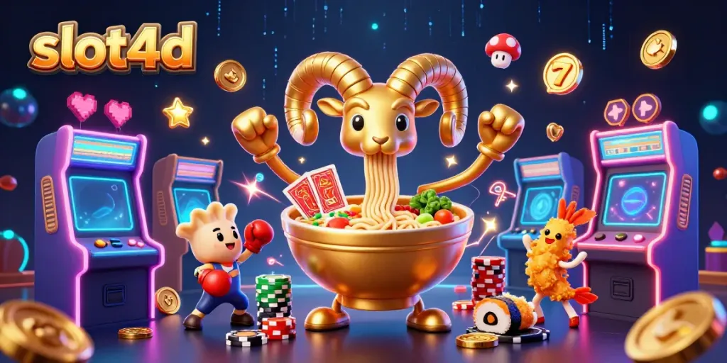 Permainan slot4d yang menarik dengan karakter kartun dan mesin permainan 3D yang berwarna-warni.