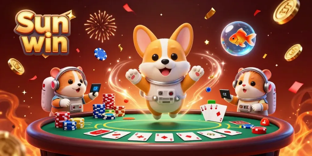 Engage in thrilling casino action with Sun win as the astronaut corgi and friends float among poker chips.
