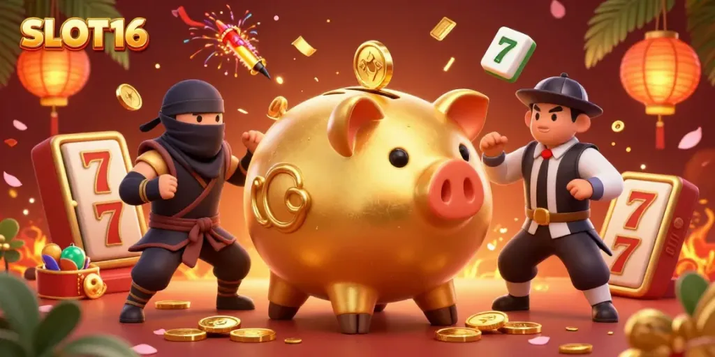 SLOT16 features a vibrant scene with a golden piggy bank sumo wrestler amidst falling coins and slot reels, celebrating casino action.