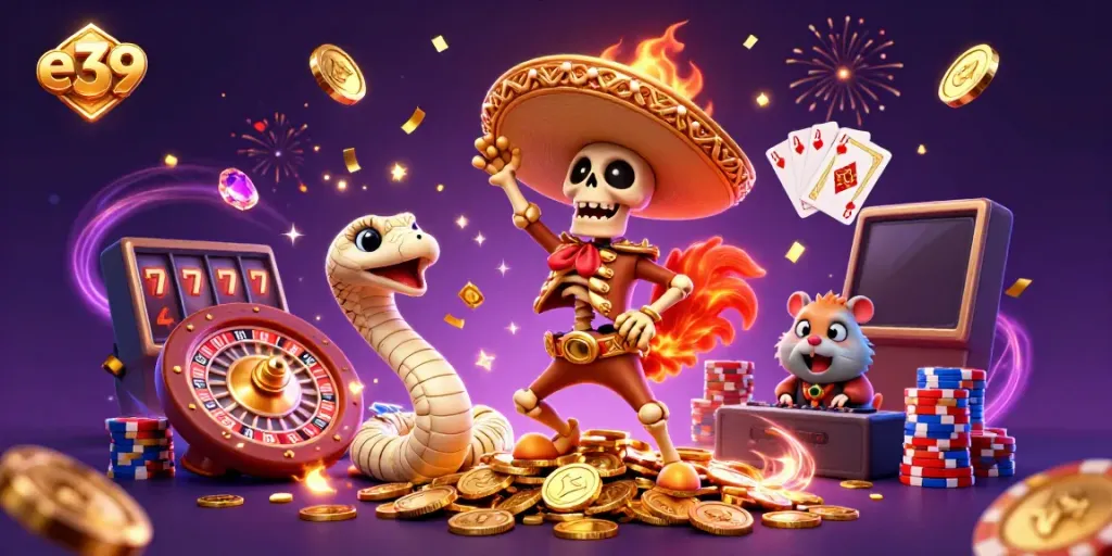 Watch a lively e39 online casino scene with a mariachi rooster, a mummy snake, and a DJ hamster celebrating wins!