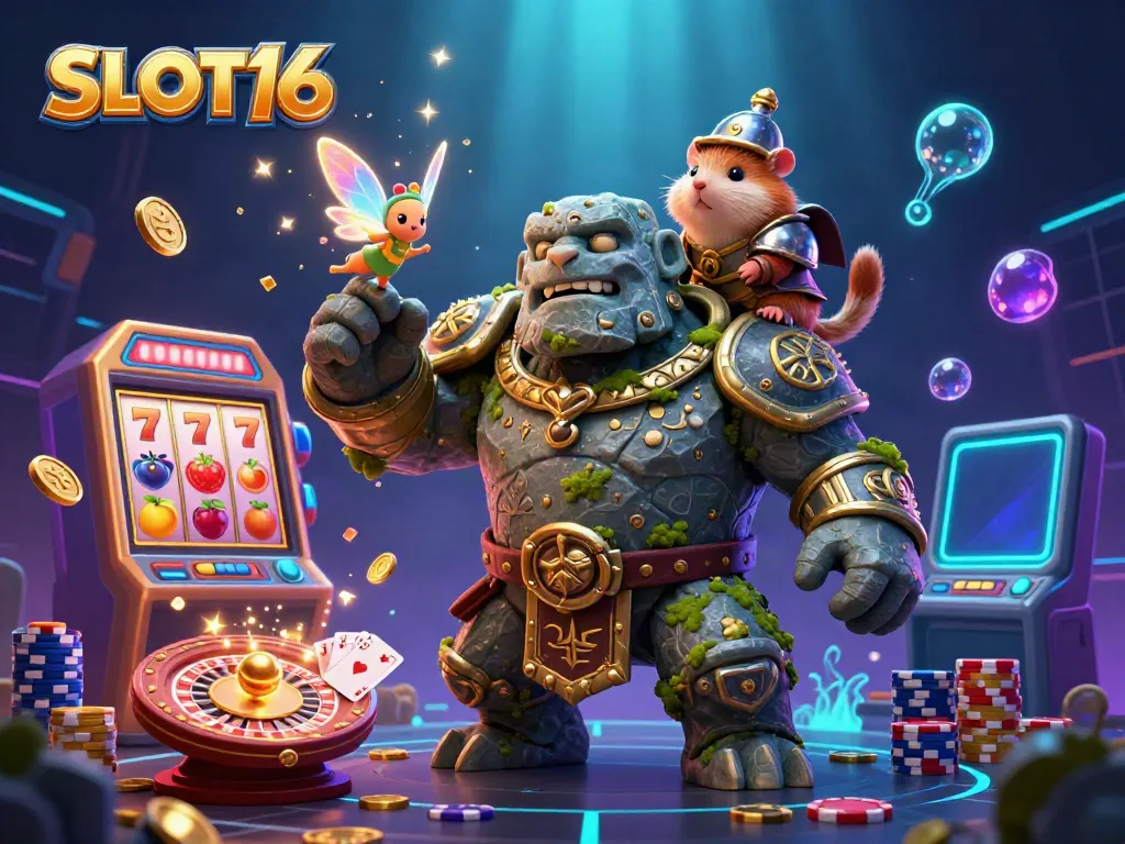 SLOT16 showcases a magical 3D scene with a golem, fairy, and hamster amidst dynamic slot elements.
