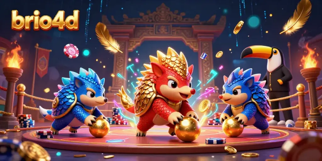 Engage in thrilling slot gaming action at brio4d, featuring colorful pangolins amidst a poker chip arena.