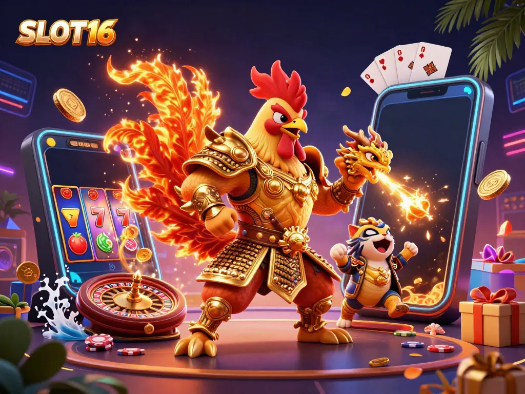 SLOT16 features a 3D fighting rooster warrior and dragon hatchling set in a dynamic casino scene, showcasing vibrant game elements.