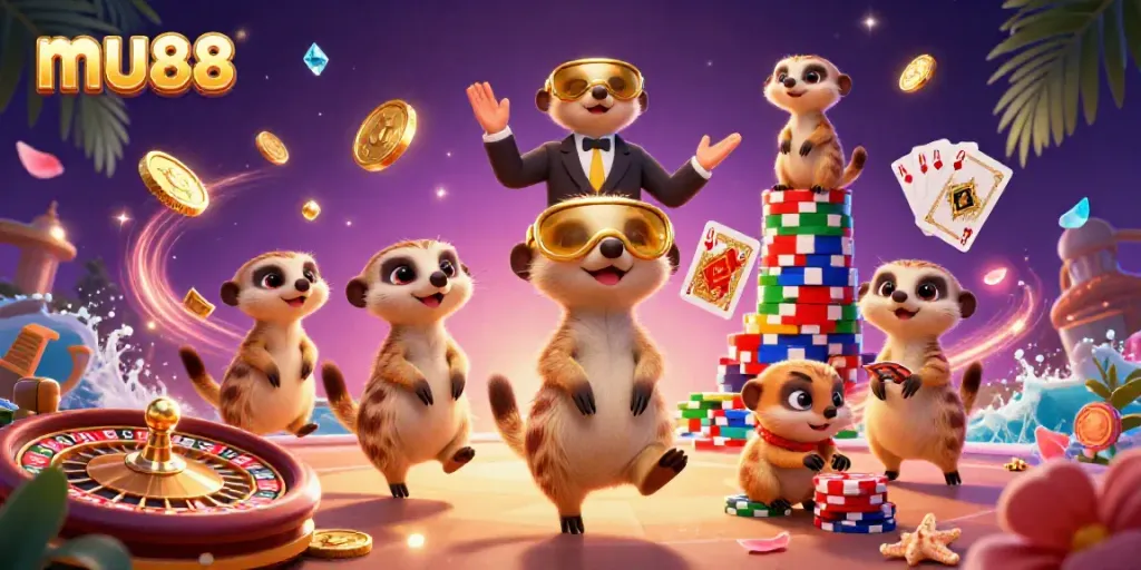 Experience the excitement of mu88's online casino with a vibrant 3D meerkat characters immersing in games.