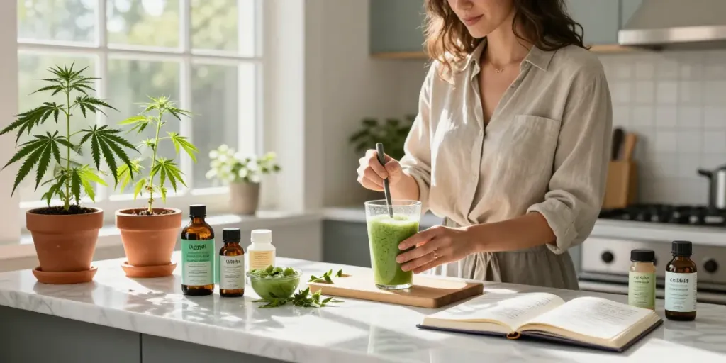 Top shelf cannabis displayed in a bright kitchen scene with CBD oil, fresh hemp plants, and wellness products.