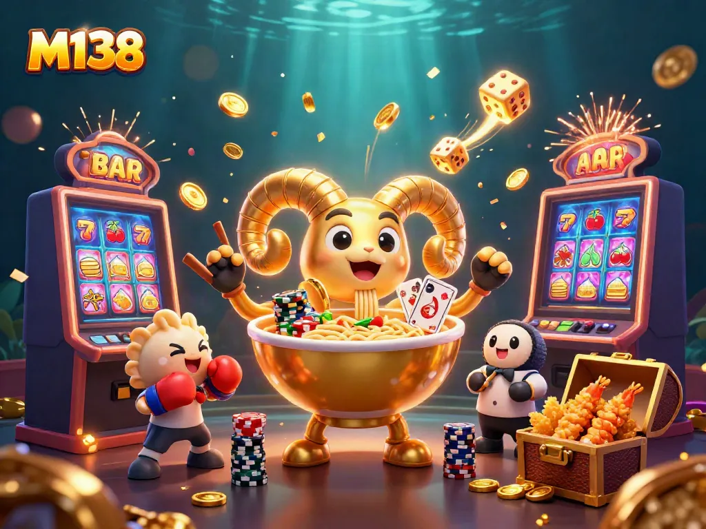 Engaging M138 casino scene with a golden ramen bowl dealer and a sushi roll amidst explosion of slot machine symbols.
