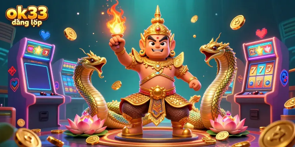 Experience the excitement of ok33 đăng nhập with vibrant gaming elements and a guardian in golden armor.