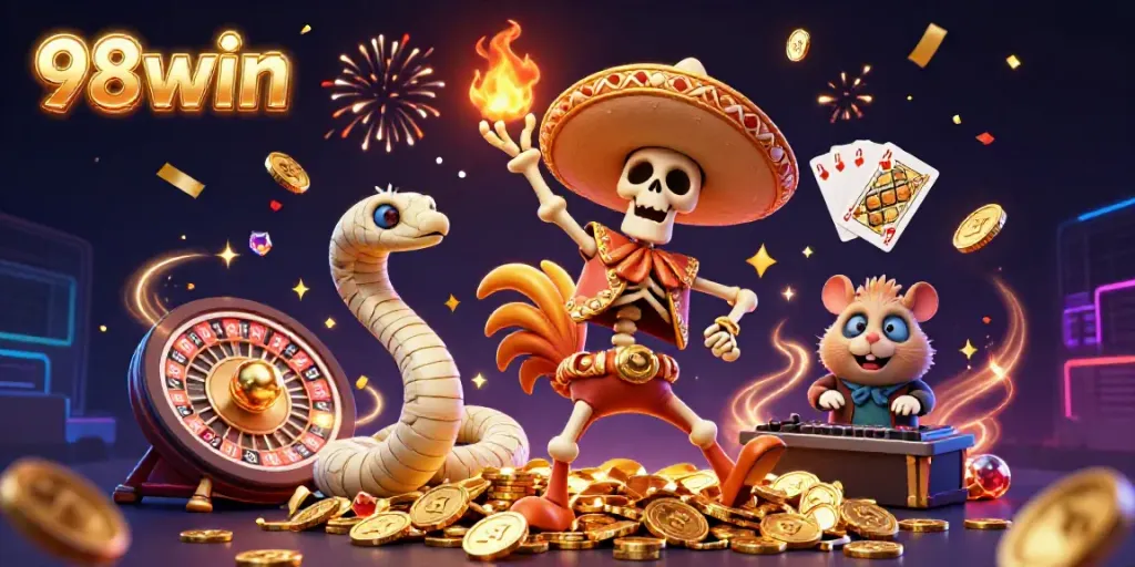 Celebrate with 98win as a mariachi rooster dances on gold coins, surrounded by festive casino elements.