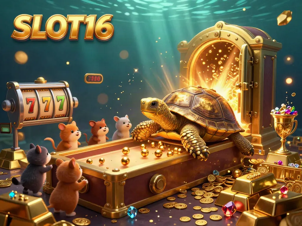 SLOT16 showcases an exciting scene with a golden tortoise pinball machine and lively animals in a casino setup.