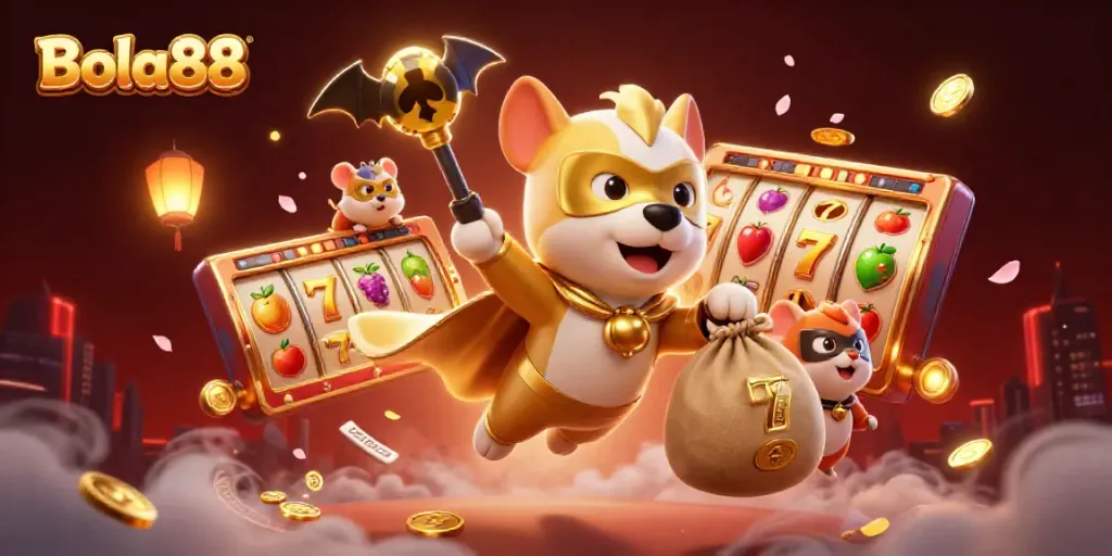 Bola88 showcases a dynamic 3D cartoon scene featuring a superhero dog and hamster with slots and lucky 7s.