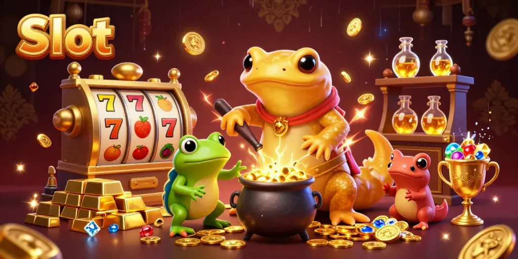 Spin the slot reels with our golden alchemist and frog in a bustling treasure-filled scene.