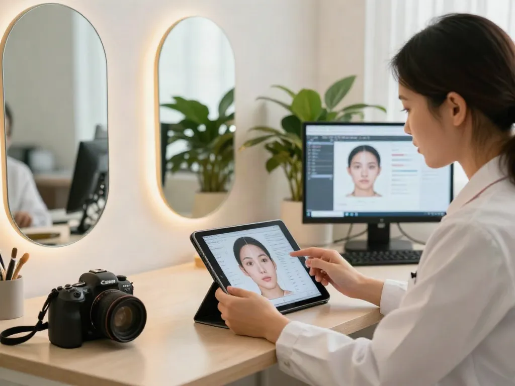Facial analysis expert reviewing services as alternatives to QOVES in a modern studio