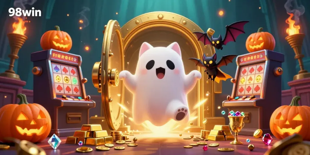 Catch exciting moments with 98win's friendly ghost cat in a vibrant casino escape, filled with treasure and adventure.