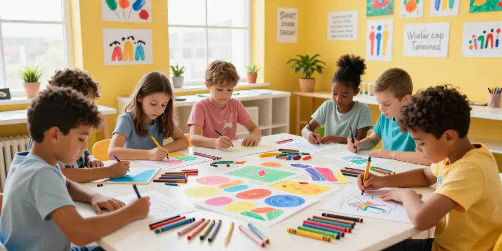 Children using crayons to create colorful artwork in a bright art studio with a crayon supplier showcasing various crayon types.