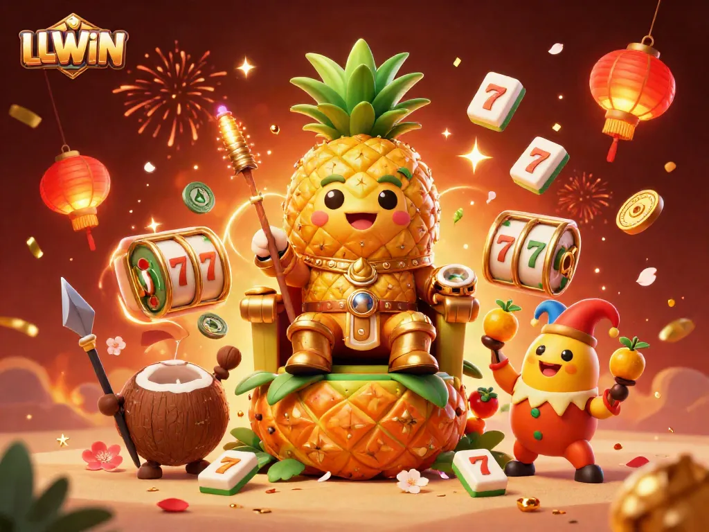 Experience thrilling gameplay with LLWIN amidst a festive casino environment featuring animated characters and vibrant elements.